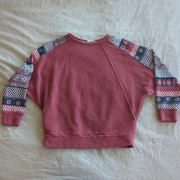Raw Edge Red Patterned Boho Casual Dolman Sleeve Sweater Size S - Picture 1 of 7